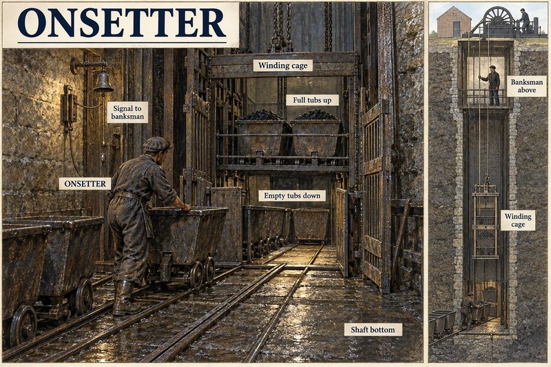 An onsetter at the shaft bottom loads full tubs into the winding cage and takes empties out, with a signal bell to the banksman and a section of the shaft.