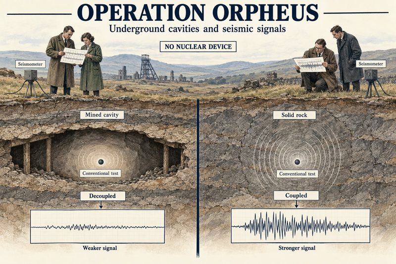 Scientists compare seismometer traces from a conventional charge fired in a mined cavity, giving a weak decoupled signal, and in solid rock, giving a strong one.