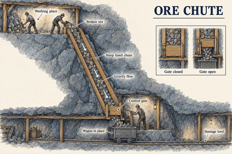 Cutaway of broken ore tipped into a steep timber chute and running down to a hand-worked gate that lets it into a wagon.
