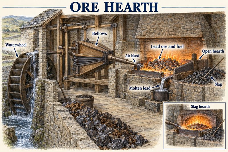 Cutaway of a lead ore hearth, a waterwheel driving bellows into a low open hearth with molten lead running off into a pot.