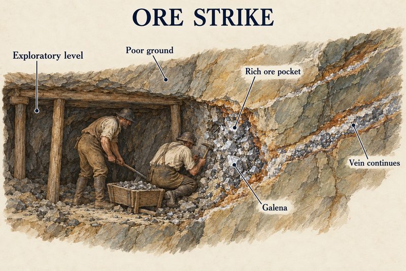 Miners in an exploratory level breaking into a rich pocket of galena beyond poor ground, with the vein continuing into the rock.