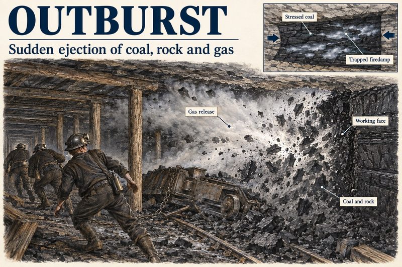 Miners flee as a working face bursts out in a cloud of gas, coal and rock that throws a tub off the rails, with an inset of stressed coal holding trapped firedamp.