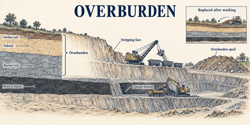 Cutaway of an opencast working, a dragline stripping the soil and barren rock above a coal seam onto a spoil heap.