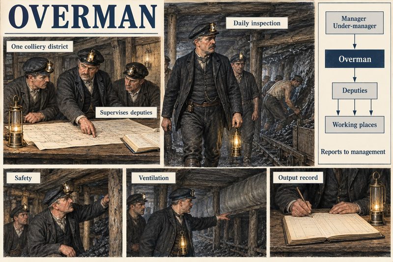 An overman plans with his deputies and walks his district checking safety, ventilation and output, beside a chart placing him between manager and deputies.