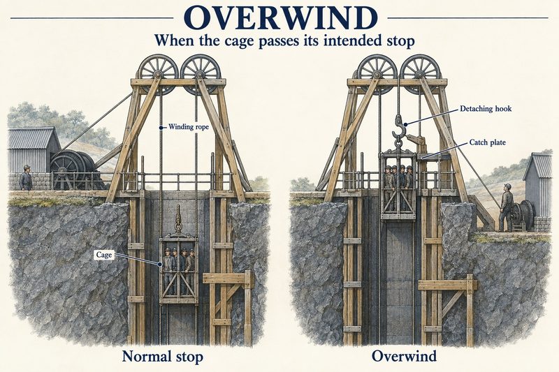 Two headframes compare a cage stopping normally with an overwind in which the cage rises into the headgear and a detaching hook engages the catch plate.