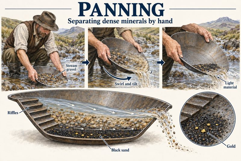 A prospector swirls stream gravel in a pan to wash off light material, above a cutaway pan where black sand and gold settle behind the riffles.