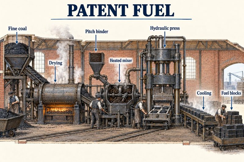 A patent fuel works, fine coal dried, mixed with pitch and pressed into blocks that are cooled and stacked.