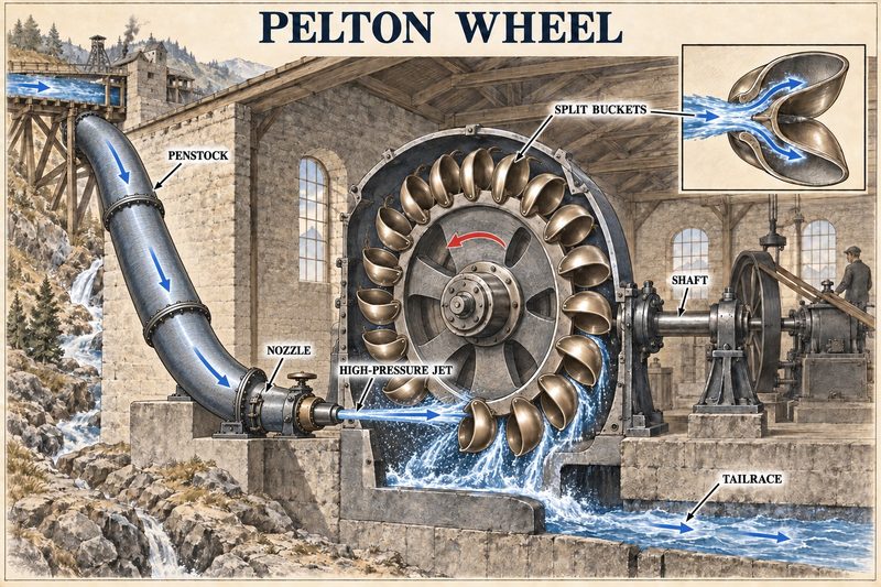 Technical diagram of a high-pressure water jet striking split Pelton buckets tangentially and driving a shaft before discharging to the tailrace.