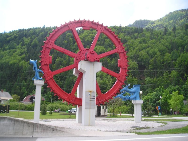 A large preserved Pelton wheel turbine, formerly used at the Jesenice Iron Foundry.