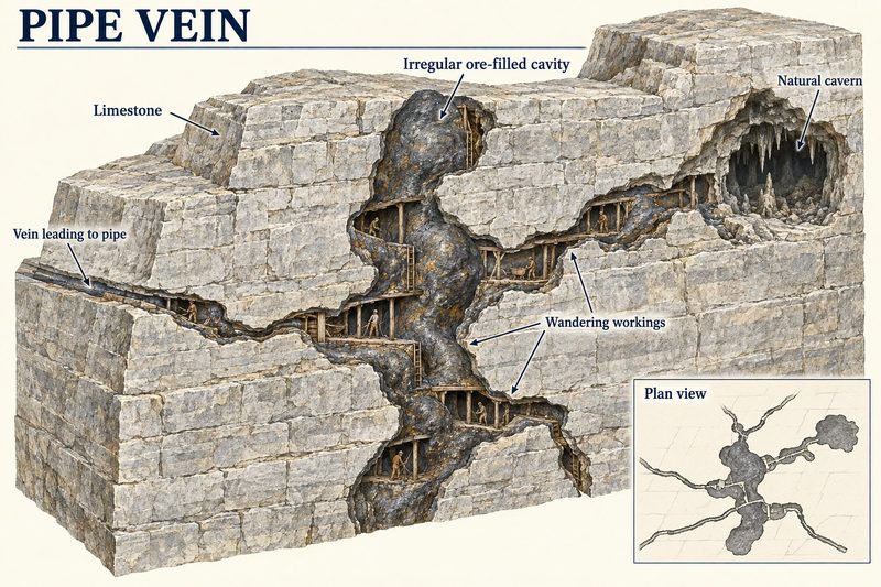 Cutaway limestone block showing an irregular ore-filled cavity entered by a thin vein, with workings wandering after it into a natural cavern.