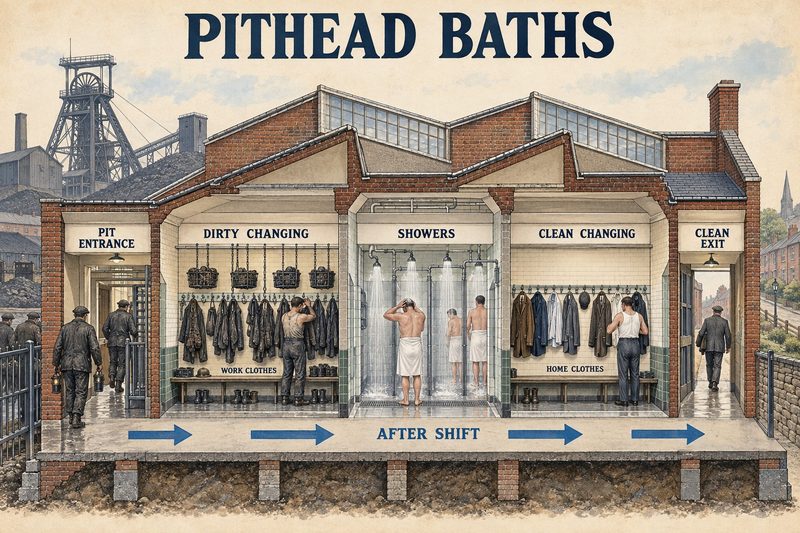 Cutaway diagram of pithead baths showing the route from dirty changing through showers to separate clean changing and the homeward exit.