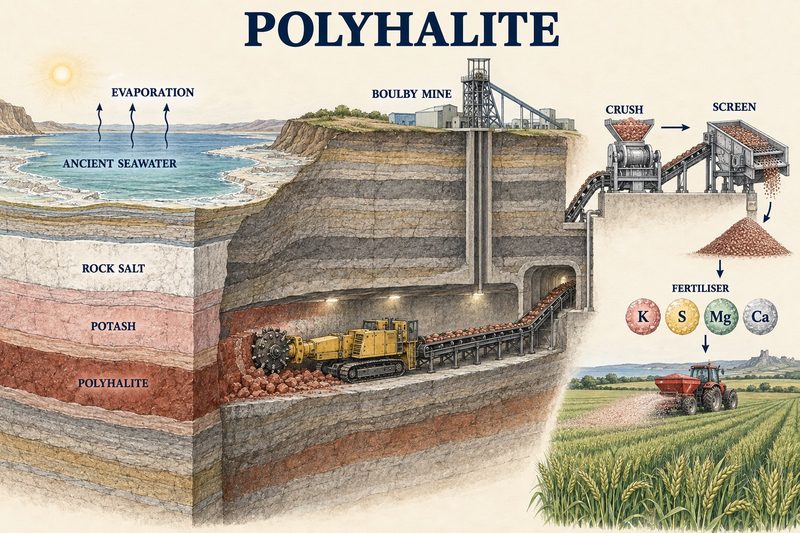 Ancient seawater evaporating to leave rock salt, potash and polyhalite beneath Boulby Mine, a cutter on the seam, the ore crushed and screened, and its four nutrients spread as fertiliser.