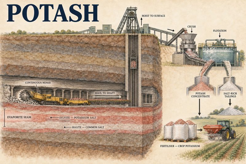 A deep shaft to an evaporite seam of sylvite and halite cut by a continuous miner, with the rock crushed and floated to potash concentrate for fertiliser.