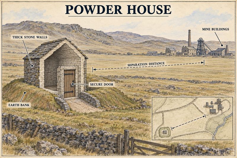 Architectural diagram of a thick-walled stone powder house protected by an earth bank and deliberately separated from the main mine buildings.