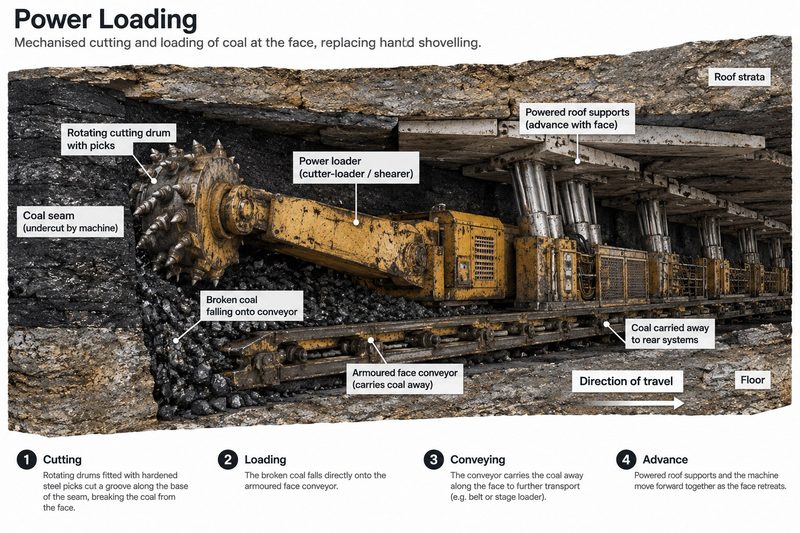 A power loader's cutting drum breaking coal onto an armoured face conveyor beneath a line of powered roof supports.