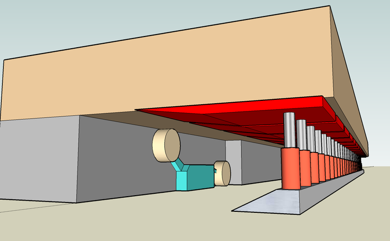 A cutaway diagram of a longwall face showing a line of chocks in red holding the roof while a shearer in blue cuts along the coal