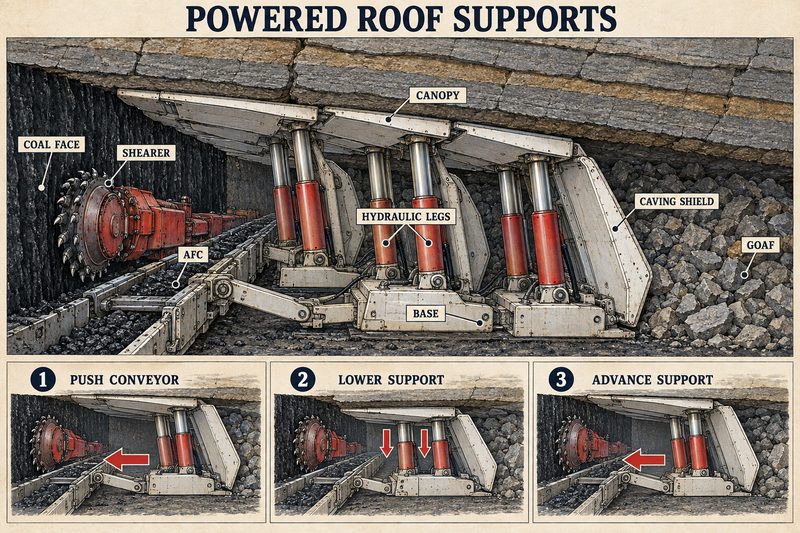 Cutaway diagram of hydraulic longwall supports holding the roof between the shearer and collapsed goaf, with the conveyor and three-step advance cycle.