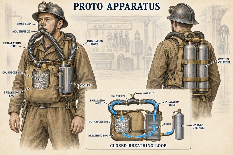 Technical diagram of a Proto oxygen rebreather showing its mouthpiece, twin hoses, carbon-dioxide absorbent, breathing bag, cooler and rear cylinders.