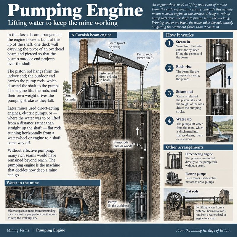 A Cornish engine house at the shaft, its beam pivoted on the bob wall and the pump rods running down the shaft to pumps in the flooded workings.
