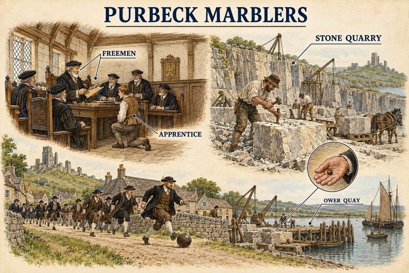 Freemen admitting an apprentice, a Purbeck stone quarry, and freemen kicking a football along the road to Ower Quay.