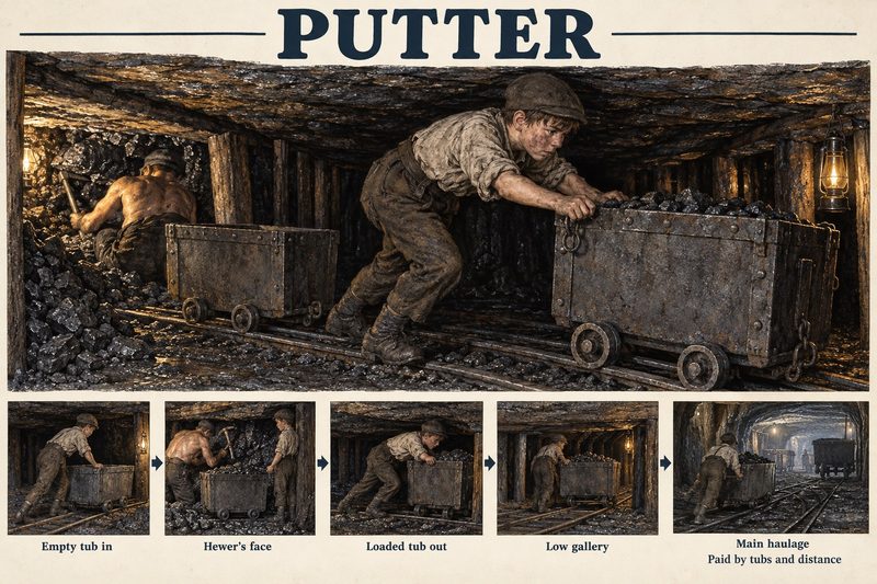 A boy pushes a loaded tub from the hewer's face along a low gallery, above steps from bringing the empty tub in to reaching the main haulage.