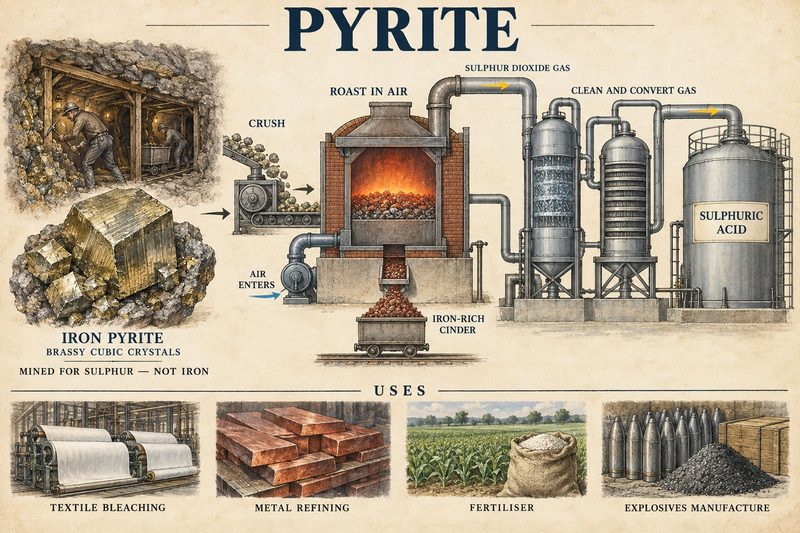 Brassy cubic pyrite mined and crushed, roasted in air to drive off sulphur dioxide leaving iron-rich cinder, the gas converted to sulphuric acid, and its uses in bleaching, refining and fertiliser.
