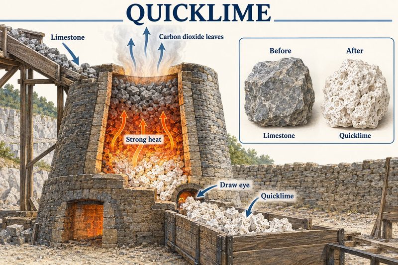 Cutaway of a stone lime kiln charged with limestone from a ramp, with quicklime drawn from the draw eye into a cart below.