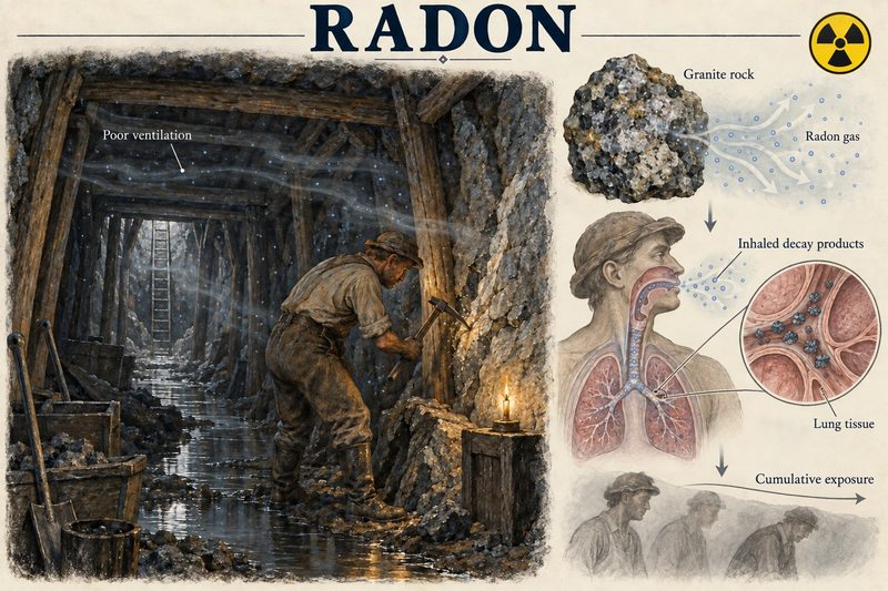 A miner works granite in a poorly ventilated level, beside drawings of radon leaving the rock, its decay products inhaled into the lung, and cumulative exposure.