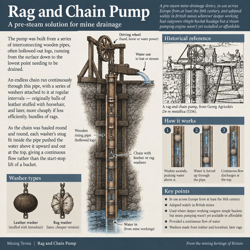 A rag and chain pump, an endless chain of washers drawn up a wooden pipe in a shaft to lift water to the surface.