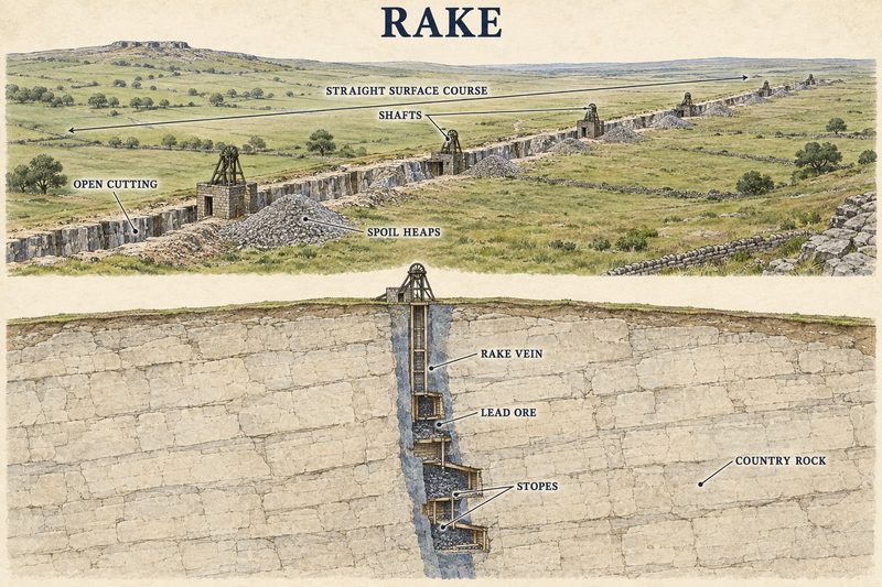 Landscape plan and geological cutaway of a straight near-vertical rake vein followed by open cutting, shafts, an underground stope and spoil heaps.