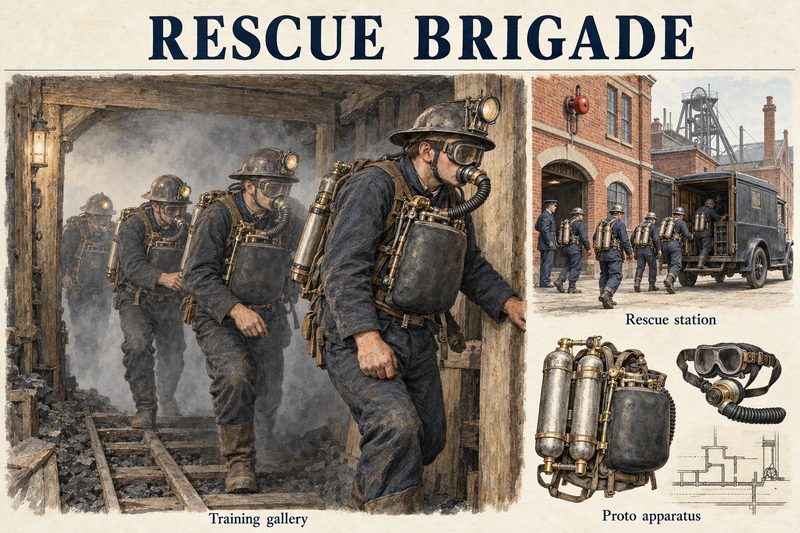 Rescue men in Proto breathing apparatus moving through a smoky training gallery, a brigade leaving its station, and the apparatus itself.