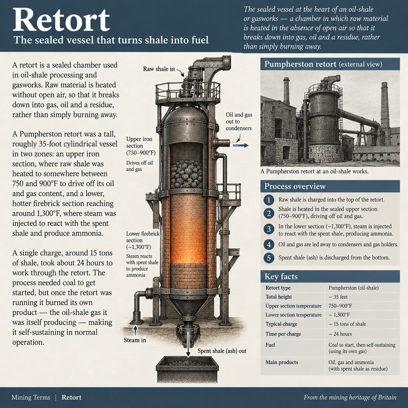 Cutaway of a tall Pumpherston oil-shale retort, shale fed in at the top and oil and gas led off to condensers as it is heated.