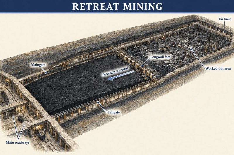 A longwall panel with gate roads driven out to its far end, the face retreating back towards the main roadways and the worked-out ground behind it.