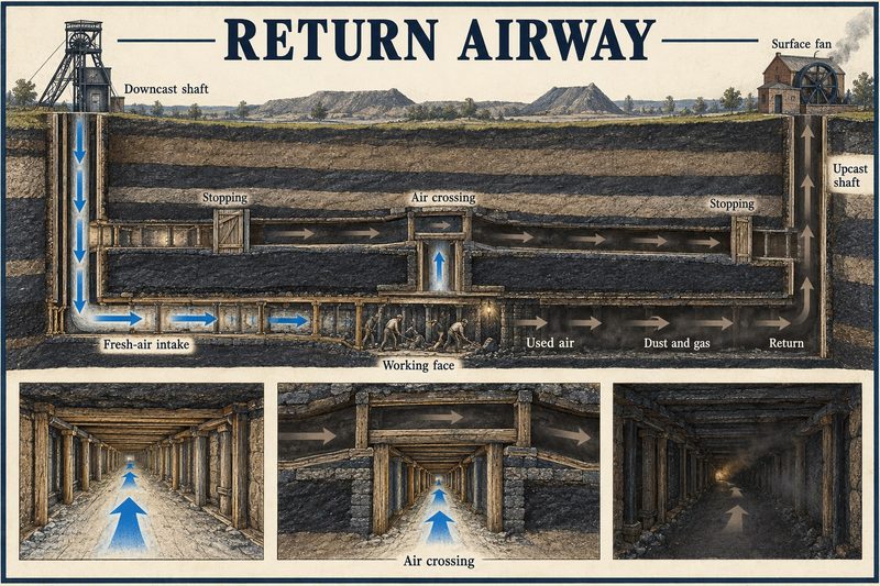 Section of a colliery where fresh air goes down the downcast shaft to the face and used air returns through the return airway to the upcast shaft and surface fan.