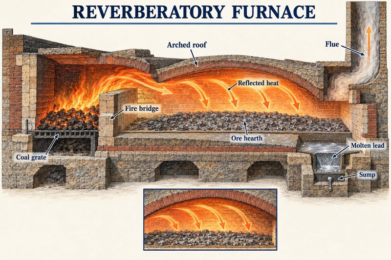 Cutaway of a reverberatory furnace, heat from a grate passing over a fire bridge and reflected down by the arched roof onto the ore.
