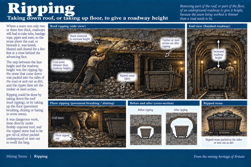A miner boring the stone roof above a thin coal seam to heighten the roadway, with steel arches set behind him over a tub on rails.