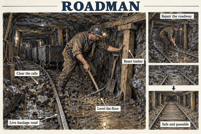 A roadman resets timber, clears the rails and levels the floor of a live haulage road, with steps showing the roadway made safe and passable.