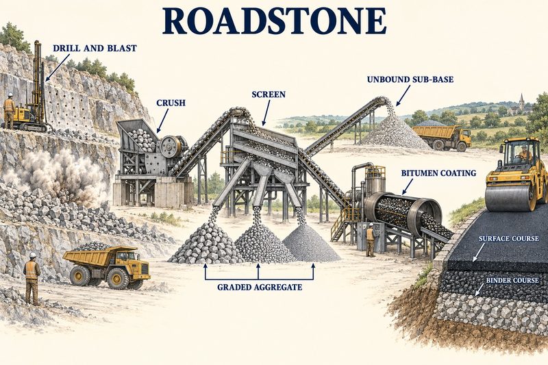 Rock drilled and blasted, crushed and screened into graded aggregate, coated with bitumen and laid as sub-base, binder course and surface course.