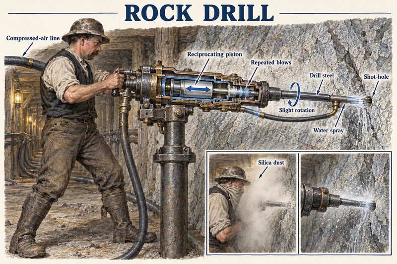 A miner runs a compressed-air rock drill shown in cutaway with its piston and drill steel boring a shot-hole, with insets of silica dust and a water spray.