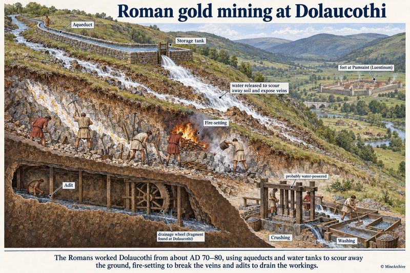 Hillside panorama of an aqueduct and storage tank releasing water down the slope, miners fire-setting in an open cut, a drainage adit with a wheel, and crushing and washing below.