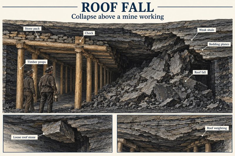 Miners stand under propped and packed roof beside a heap of fallen weak shale, with insets of a loose roof stone and roof weighting on the supports.