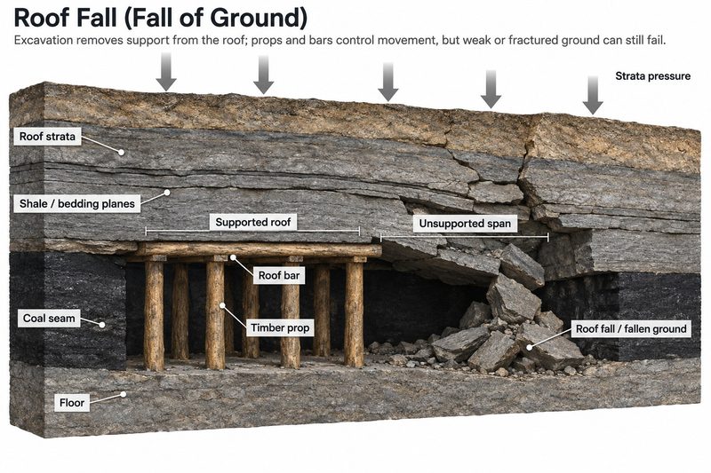 Cutaway of a coal roadway, propped and barred on one side while the unsupported roof on the other has fallen in.