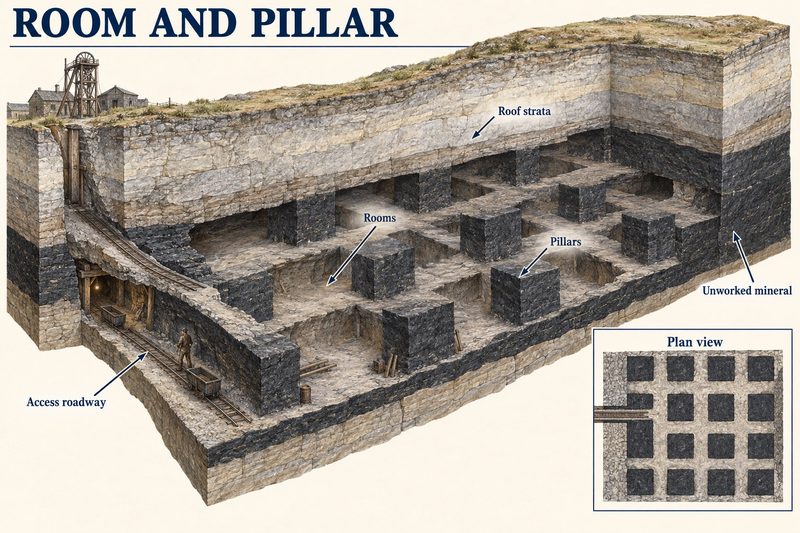 Cutaway block of a mineral bed worked as a grid of open rooms, with square pillars of the mineral left standing to hold up the roof.