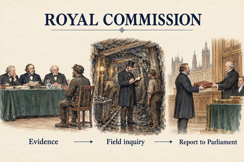 Three scenes in a row: commissioners hearing a miner's evidence, an inquirer taking notes underground, and the report handed over at Westminster.