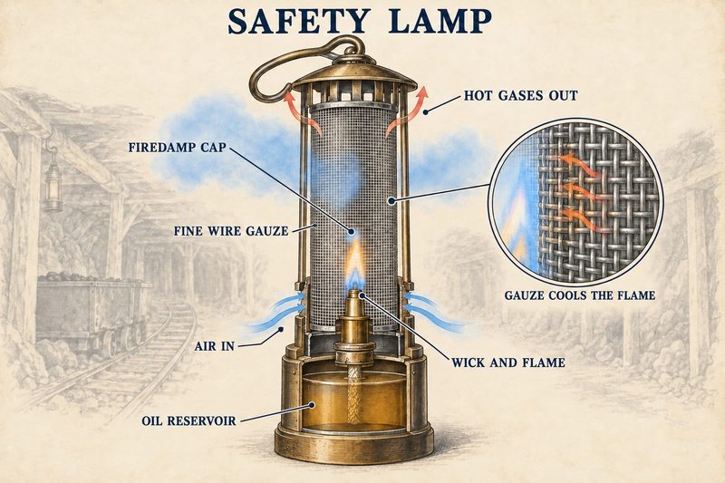 Cutaway diagram of a Davy safety lamp showing its oil flame enclosed by fine wire gauze, cooling the flame while air and combustion gases pass through.