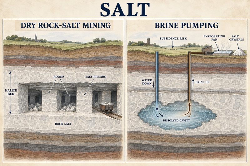 Paired sections comparing room-and-pillar rock-salt mining in a halite bed with brine pumping, where water dissolves a cavity underground and the surface above it sags.