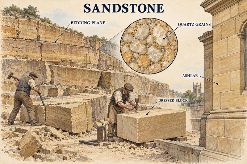 Quarrymen splitting sandstone along its bedding and dressing a block, with an inset of quartz grains and an ashlar wall.