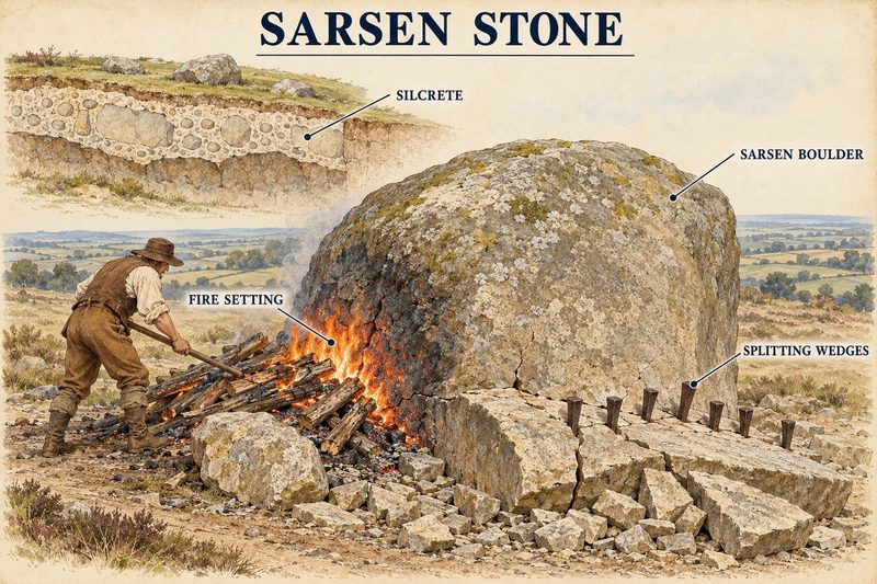 Sarsen boulders weathered out of a silcrete layer, one broken by fire setting and split with a row of wedges.