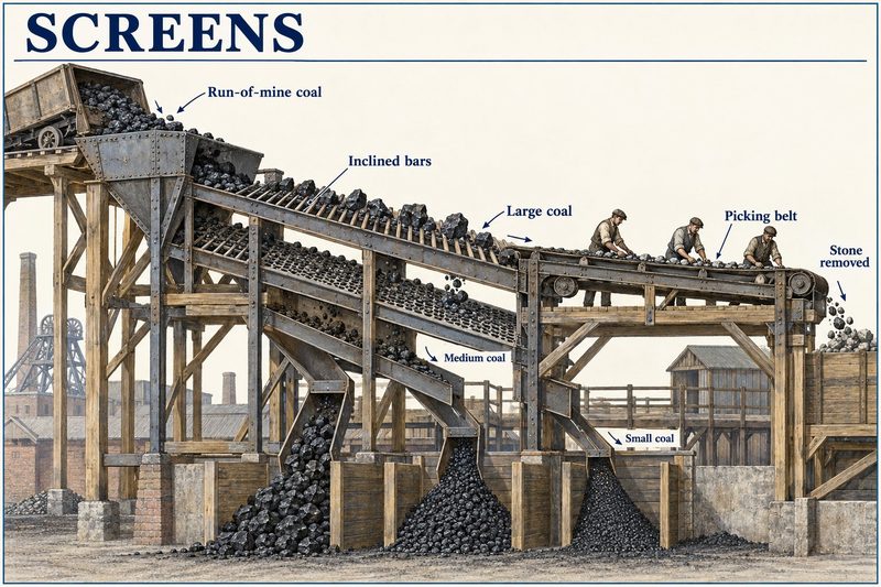 Colliery screens grading run-of-mine coal, large coal carried to a picking belt and smaller sizes dropping into bunkers below.