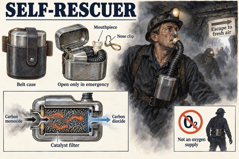 A belt-worn self-rescuer opened to show its mouthpiece and nose clip, a cutaway of the filter converting carbon monoxide, and a miner escaping through smoke.